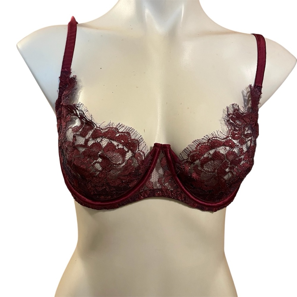 Coco De Mer Elegant Lace Silk Blend Underwire plunge Bra - Burgundy